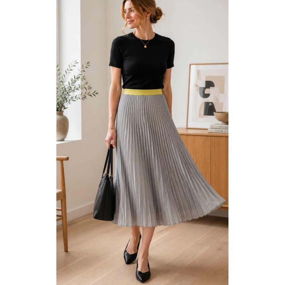Accordion Pleated Gray Midi Skirt Pull On Contrast Neon Yellow Waistband L